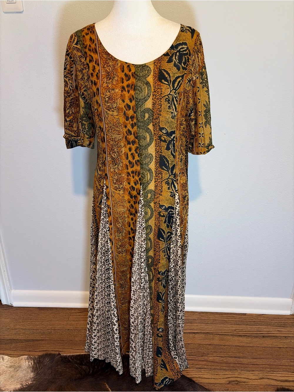 Vintage Styled By Saybury Maxi Dress Small 90s Mixed Animal Print Boho Leopard